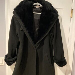 Vintage MDP Mario De Pinto Black Wool Blend Coat – Faux Fur Collar & Cuffs XL
